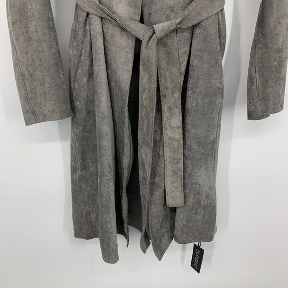 BlankNYC Trench Coat Gray Faux Suede Belted Open Front - Picture 7 of 10